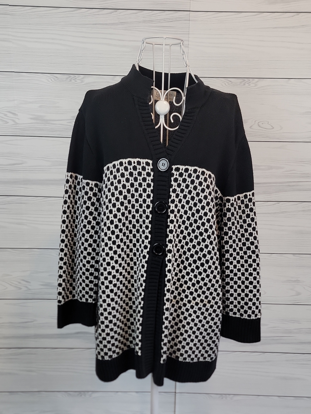 Christopher & Banks Black and White Geometric Button-Front Cardigan Size 1X